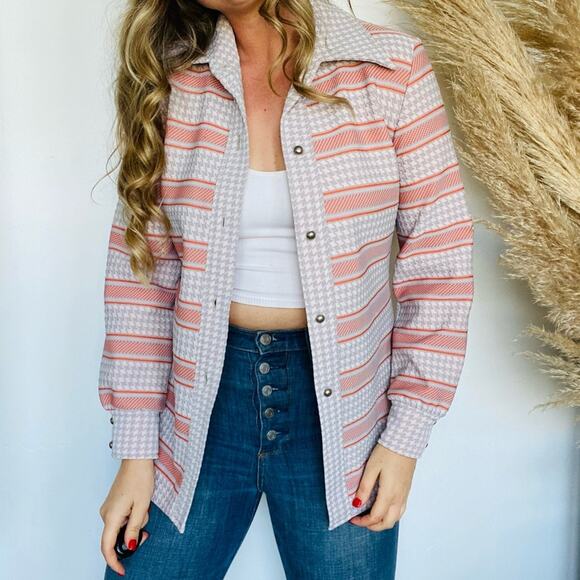 VINTAGE Tan White Orange Striped Houndstooth Button Down Shirt Jacket Shacket - Picture 1 of 10